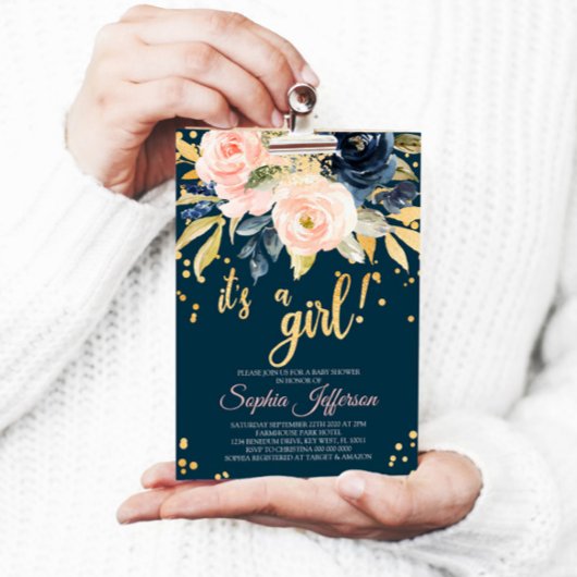 Blush Roze, Navy & Gold Baby shower Invitation Kaart
