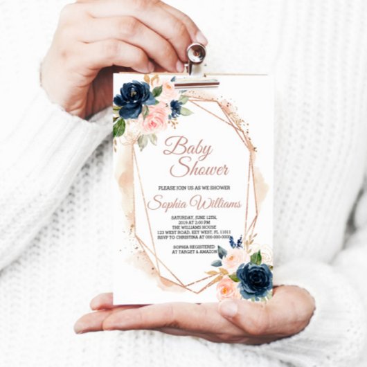 Blush Roze, Navy & Gold Baby shower Invitation Kaart