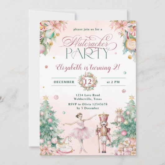 Blush roze notenkraker meisjes verjaardagsfeestje kaart (Voorkant)