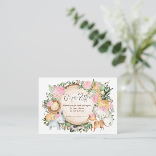 Blush Roze Oerwoud Safari Baby Girl Diaper Raffle Informatiekaartje (Staand voorkant)