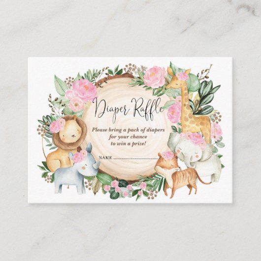 Blush Roze Oerwoud Safari Baby Girl Diaper Raffle Informatiekaartje (Voorkant)