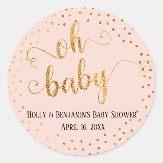 Blush Roze "Oh Baby" Faux Gold Foil Confetti Ronde Sticker (Voorkant)