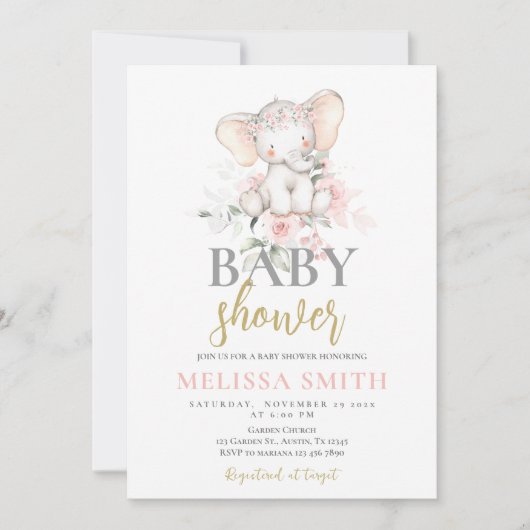 Blush Roze Olifant Baby shower meisje Kaart (Voorkant)