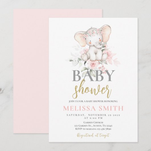 Blush Roze Olifant Baby shower meisje Kaart (Voorkant / Achterkant)