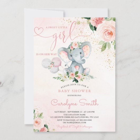Blush Roze olifant Baby shower Uitnodiging (Voorkant)
