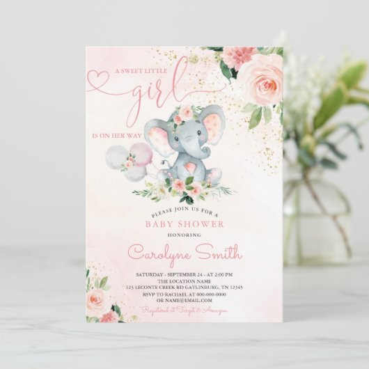 Blush Roze olifant Baby shower Uitnodiging (Staand voorkant)
