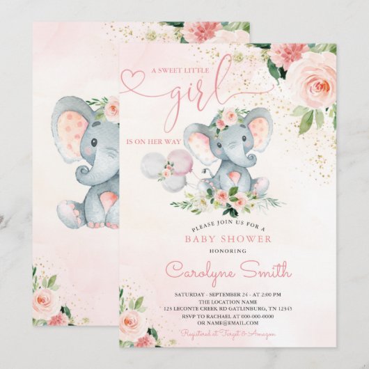 Blush Roze olifant Baby shower Uitnodiging (Voorkant / Achterkant)
