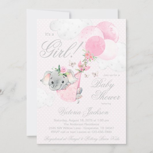 Blush roze olifant ballonnen vlinder Baby shower Kaart (Voorkant)