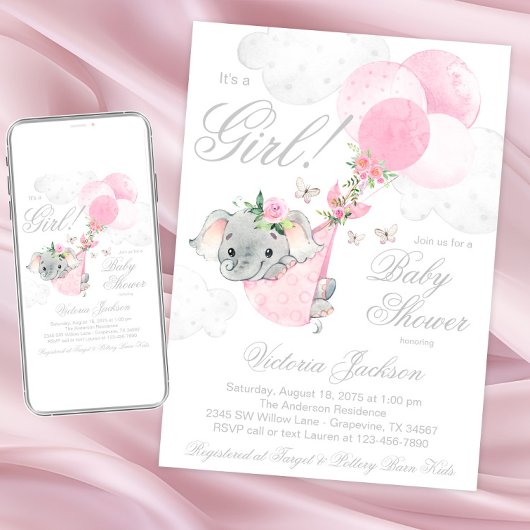 Blush roze olifant ballonnen vlinder Baby shower Kaart