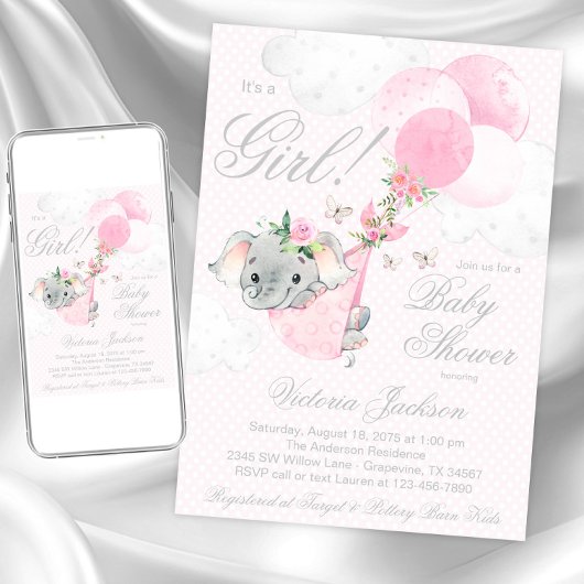 Blush roze olifant ballonnen vlinder Baby shower Kaart