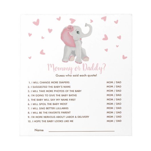 Blush roze olifant raad wie Baby shower game is Notitieblok (Voorkant)