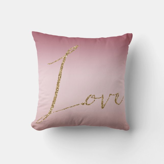 Blush Roze Ombre Glitter Goud Liefde Kussen (Voorkant)