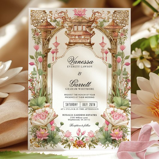 Blush roze oosterse lotus bloem bruiloft kaart
