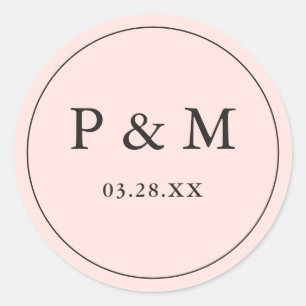 Blush Roze Opslaan Datum Monogram Chique Bruiloft  Ronde Sticker