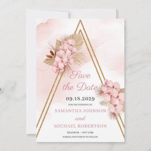 Blush Roze orchidee Faux Gold Arch en Gedroogde pa Save The Date (Voorkant)