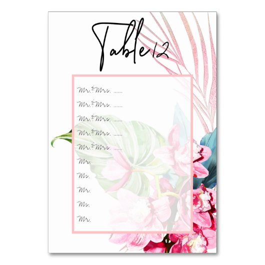 Blush roze orchidee + palm tafel nrs. pin aan boor kaart (Voorkant)