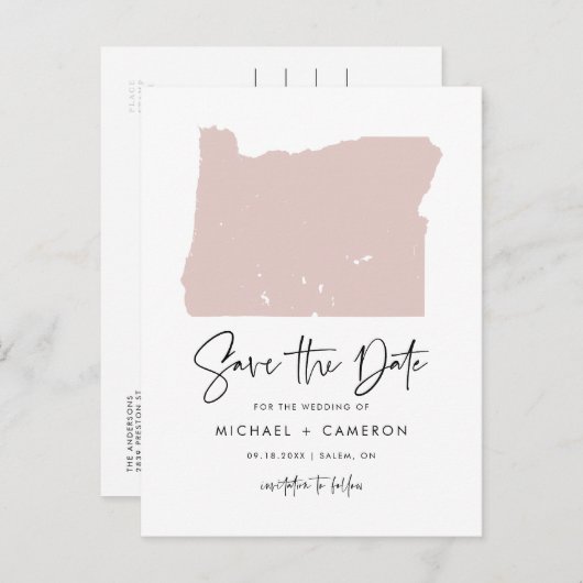 Blush Roze Oregon Map Modern Script Save the Date Aankondigingskaart (Voorkant / Achterkant)