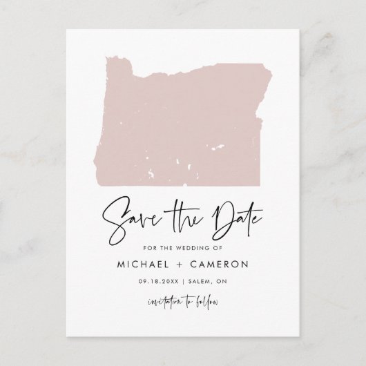 Blush Roze Oregon Map Modern Script Save the Date Aankondigingskaart (Voorkant)