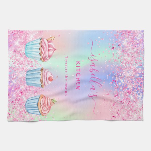 Blush roze paarse bakglitter cupcakes name theedoek (Horizontaal)