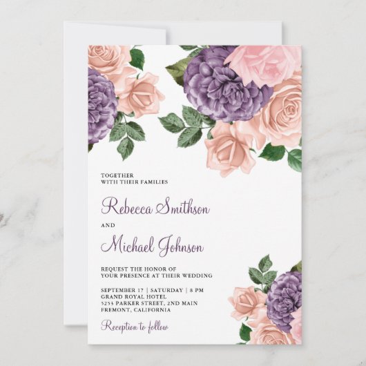 Blush Roze Paarse Bloemen Alles in één bruiloft Kaart (Voorkant)