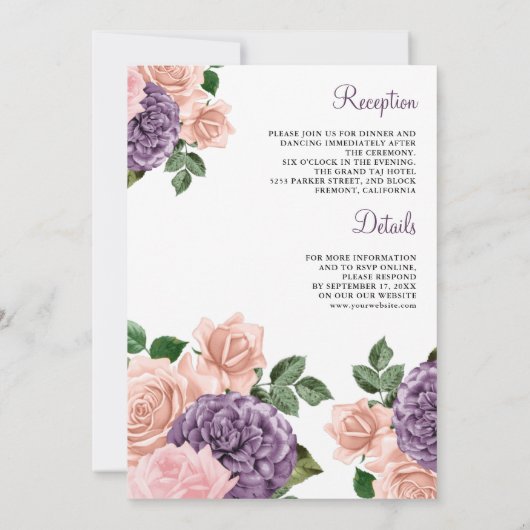 Blush Roze Paarse Bloemen Alles in één bruiloft Kaart (Achterkant)