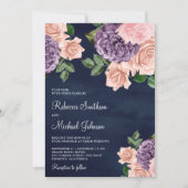 Blush Roze Paarse Bloemen Alles in Een Navy Weddin Kaart (Voorkant)