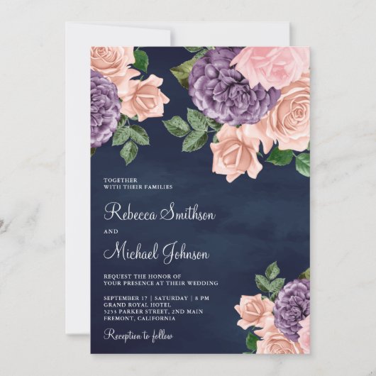 Blush Roze Paarse Bloemen Alles in Een Navy Weddin Kaart (Voorkant)