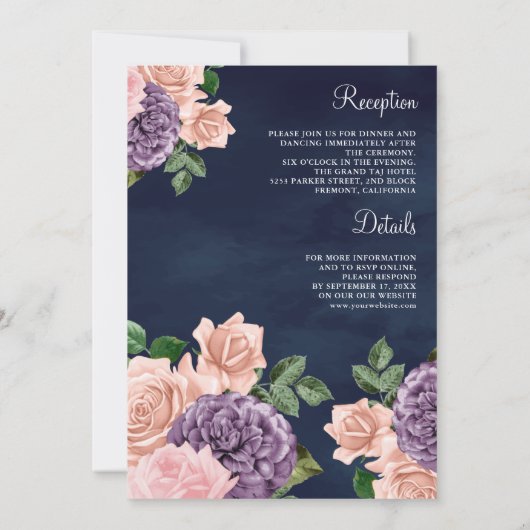 Blush Roze Paarse Bloemen Alles in Een Navy Weddin Kaart (Achterkant)