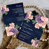 Blush Roze Paarse Bloemen Alles in Een Navy Weddin Kaart