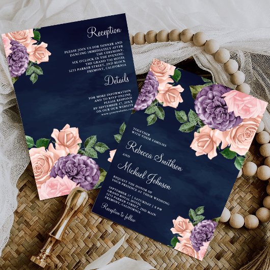 Blush Roze Paarse Bloemen Alles in Een Navy Weddin Kaart