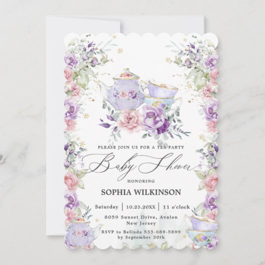 Blush Roze Paarse Bloemen Baby shower Tea Party Kaart (Voorkant)
