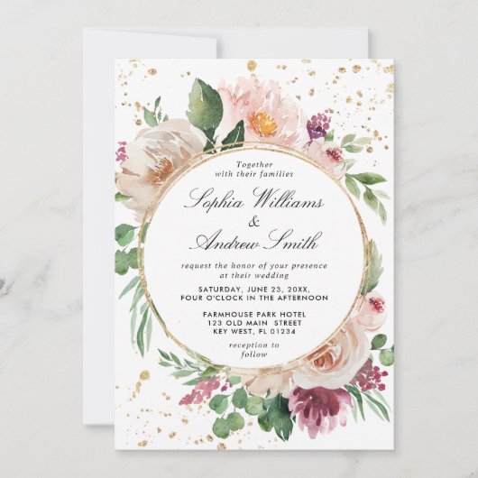 Blush roze paarse bloemen & gouden Confetti bruilo Kaart (Voorkant)