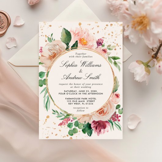 Blush roze paarse bloemen & gouden Confetti bruilo Kaart