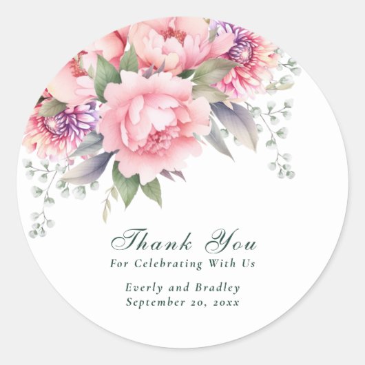Blush Roze Paarse Bloemen Script Wedding Bedankt Ronde Sticker (Voorkant)