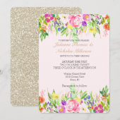 Blush Roze Paarse Bloemen Waterverf Gouden Sparkle Kaart (Voorkant / Achterkant)