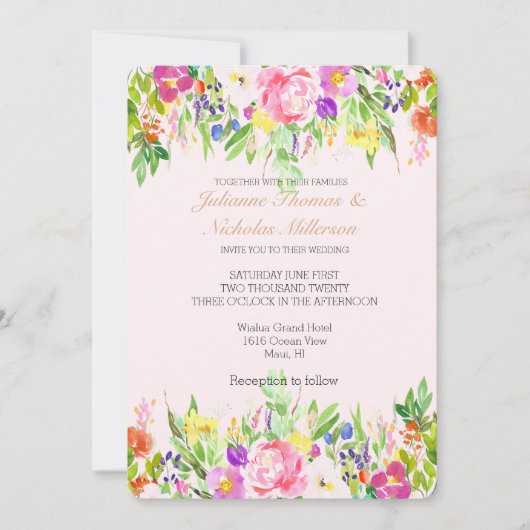 Blush Roze Paarse Bloemen Waterverf Gouden Sparkle Kaart (Voorkant)