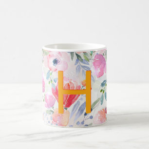 Blush roze paarse bloemen waterverf monogram koffiemok