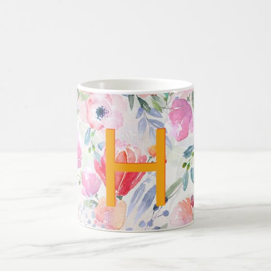 Blush roze paarse bloemen waterverf monogram koffiemok (Center)