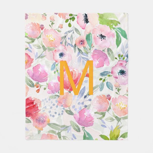 Blush roze paarse floralen waterverf monogram fleece deken (Voorkant)
