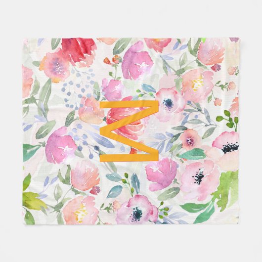 Blush roze paarse floralen waterverf monogram fleece deken (Voorkant (Horizontaal))