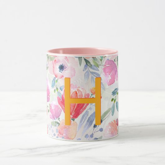 Blush roze paarse floralen waterverf monogram mok (Midden)