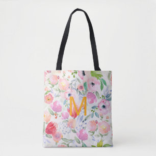 Blush roze paarse floralen waterverf monogram tote bag