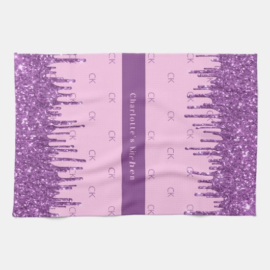 Blush roze paarse glitter aangepaste monogram teks theedoek (Horizontaal)