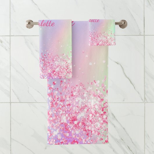 Blush roze paarse glitter-holografisch meisje bad handdoek