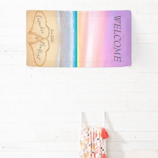 Blush Roze Paarse Harten Strand welkom bruiloft Spandoek (Insitu)