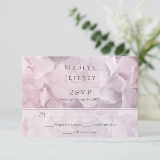 Blush Roze Paarse Hydrangea Bloemen Bruiloft RSVP (Staand voorkant)