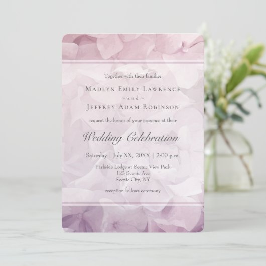 Blush Roze Paarse Hydrangea Zomer Bloemen Bruiloft Kaart (Staand voorkant)