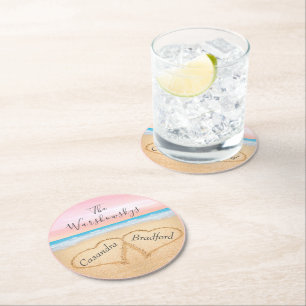 Blush Roze Paarse Strand Bruiloft 2 Harten in Zand Ronde Kartonnen Onderzetter