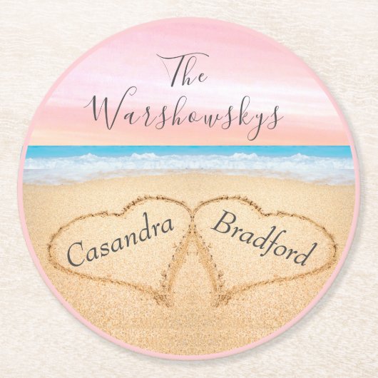 Blush Roze Paarse Strand Bruiloft 2 Harten in Zand Ronde Kartonnen Onderzetter (Voorkant)