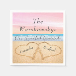 Blush Roze Paarse Strand Bruiloft 2 Harten in Zand Servet